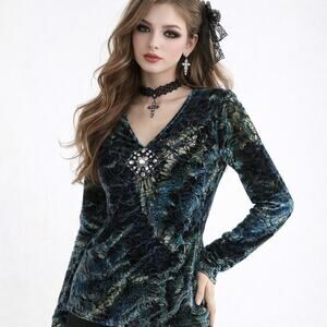 Women's Burnout Velvet Blue Whimsical Top Sz L 90s Y2K Whimsygoth Witchy Boho